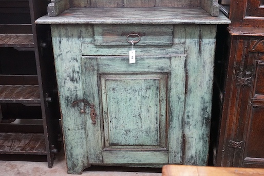 A 19th century and later French provincial painted pine dresser, length 102cm, depth 50cm, height 202cm